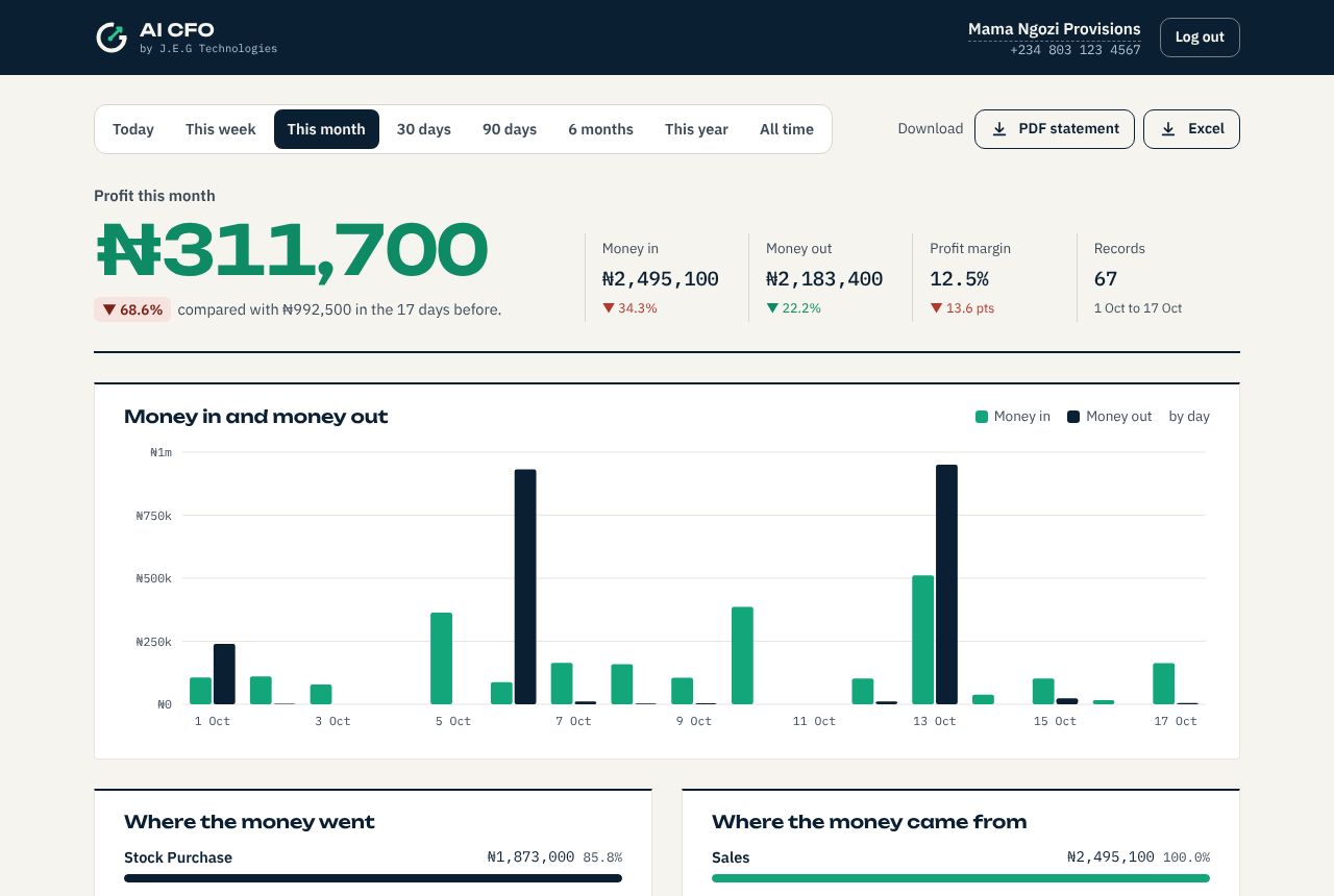 The AI CFO dashboard showing profit for the month, a sales and spending chart, and spending by category